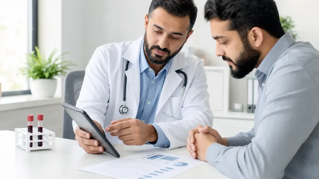 طبيب يراجع نتائج تحاليل نقص الفيتامينات مع مريض في العيادة